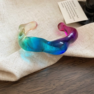 Rainbow gradient acrylic irregular wavy open bangle bracelet for women in trendy style