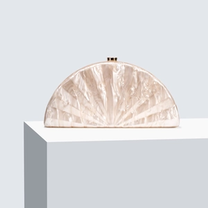 Elegant semi-circular acrylic clutch bag with pearlescent finish and gold metal clasp