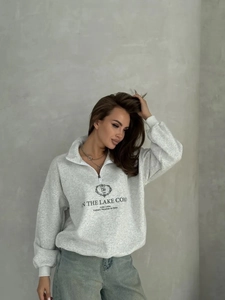Light grey cotton half-zip sweatshirt with vintage Lake Como print for women