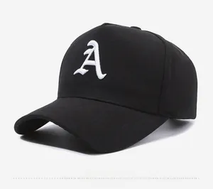 Close-up detail of high-quality white 3D letter A embroidery on a black baseball cap