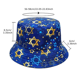 Blue Bucket Hat with golden Star of David pattern, summer sun protection for beach use