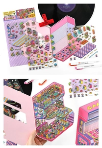 Macro view of 2.5D retro arcade game room scene stickers for DIY scrapbooking