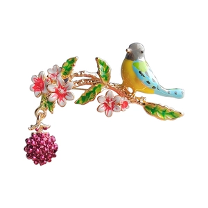 Pastoral style alloy bird brooch with enamel raspberry and floral branch pendant