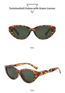 Detailansicht der Tortoise-Cat-Eye-Sonnenbrille mit grünen Gläsern und gedrehten Bügeln