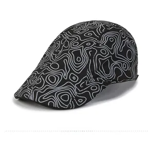 Side view of winter wool newsboy cap featuring detailed grey topographic map textures