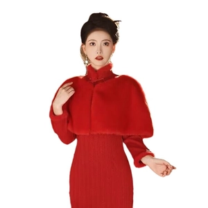 Elegant red faux fur bridal shawl cape for evening dresses and wedding party wear