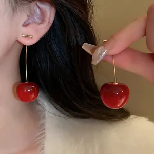 Elegant red cherry drop earrings with gold needles and polished resin for women