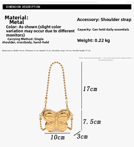 Detailed dimension chart for gold butterfly-shaped metal mini crossbody bag and top handle