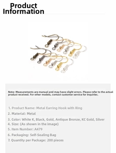 Detailed overview of metal earring hooks in six colors with quantity and size specs