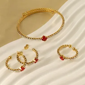 Jewelry Set Stainless Steel 18K Gold Plated Square Cubic Zirconia Bangle Open Ring Earrings Minimalist Geometric Luxury Women