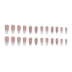 Long coffin french gradient fake nails with glitter rhinestones and polished finish