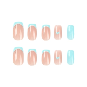 French blue and nude pink square-round press-on nails with heart design and glossy finish