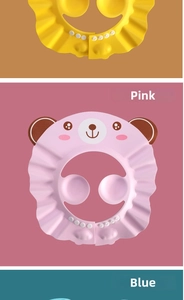 Waterproof baby shower caps in pink and blue featuring cute bear ear protection