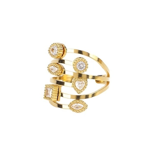 Bague multicouche en acier inoxydable doré ornée de zircons aux formes variées
