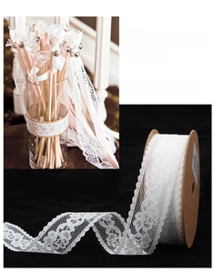 Detailed view of 25mm white floral lace ribbon roll for wedding gift packaging