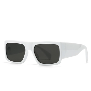 Modern white square sunglasses with dark lenses shown from a 45-degree side angle view