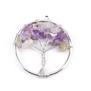 Detailed view of handmade silver wire tree of life pendant with purple crystal beads