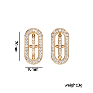 Sparkling gold oval stud earrings with cross-shaped zircon inlay and 20mm height