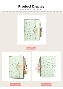 Three-way view of women's floral short wallet with butterfly charm and fringe tassel