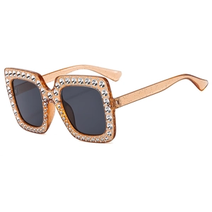 Sparkly gold glitter square sunglasses with rhinestones and dark grey lenses for women