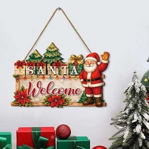 Festive Santa Welcome sign 2D hanging ornament for Christmas tree home wall decoration