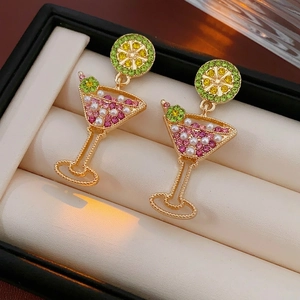 Vintage cocktail glass earrings with pink crystals and pearls in jewelry box