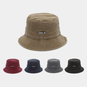 Washed Cotton Bucket Hat With Shark Embroidery Breathable Metal Eyelets Sun Protection Outdoor Fishing Retro Casual Unisex
