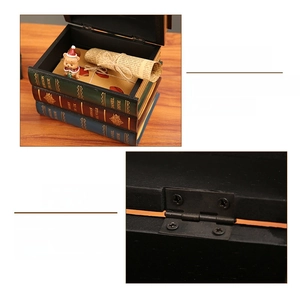Detail of durable alloy hinges and spacious interior of vintage faux book storage boxes