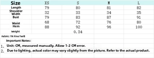 Detailed size guide table for women's tiered short dress with measurements from XS to L