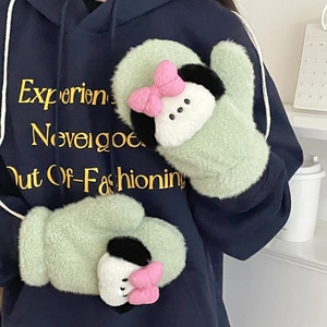 Cute green plush mittens with cartoon dog character and pink bow for winter warmth