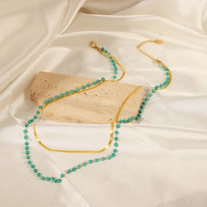 Women Double Layer Titanium Steel Necklace Fashion Gold Snake Chain Artificial Turquoise Bead Pendant Clavicle Chain Jewelry