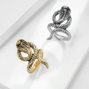 Cobra-shaped titanium steel rings in gold and silver finish on geometric display