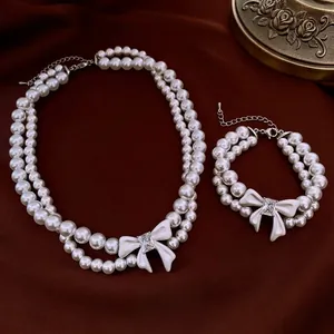 Layered Artificial Pearl Necklace And Bracelet With Bow Knot Clear Zircon Copper Enamel Vintage French Court Style For Women