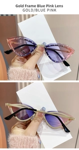 Détail de lunettes de soleil œil-de-chat sans monture avec cadre doré et verres dégradés