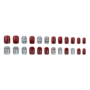 24pcs short square press-on nails with deep red and blue plaid pattern glossy finish