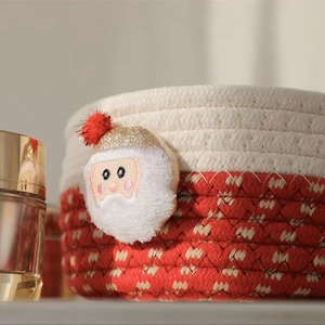 Christmas cotton rope woven storage basket with Santa Claus decor in red and white
