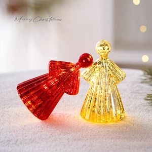 Light-up glass angel figurine ornaments for Christmas tree desktop decor in red and gold
