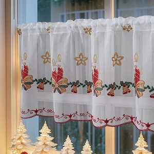 White Christmas cafe curtain with red candle and gold bell embroidery for kitchen decor