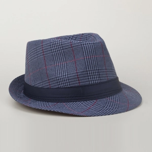 Detailed view of the dark blue plaid fabric and ribbon on this British jazz fedora