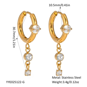 Detailed size chart for gold stainless steel drop earrings with product dimensions