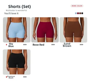 Women's tight yoga sets in blue, rose, sand, and black with high waist design
