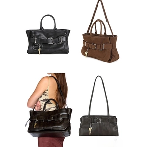 Detail view of retro tote bags with decorative belt buckles and unique key pendants