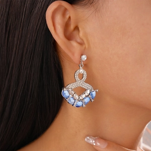 Vintage Fan Shaped Dangle Earrings With Blue Glass Rhinestone And Silver Earring Post Palace Style For Women