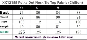 Polka dot halter top size chart showing measurements for XS S M and L in chiffon fabric