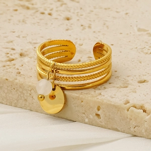 Adjustable multi-layer gold stainless steel ring with stone charm and round pendant