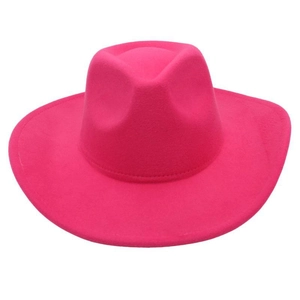 Detail view of hot pink wool felt fedora hat with a wide brim and classic pinched crown