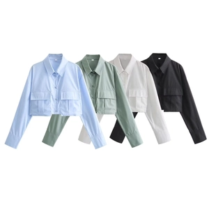 Short long-sleeved casual shirts for women with front pockets in four varied colors