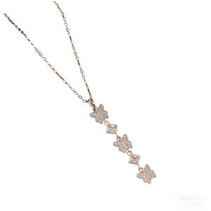 Elegant rose gold butterfly fringe necklace with geometric rhinestones on white background