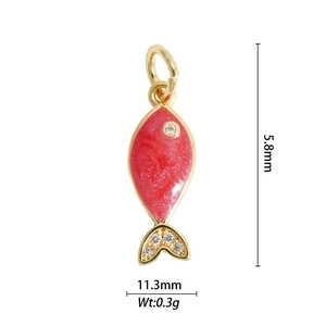 Detail of red enamel fish pendant with dimensions 5.8mm by 11.3mm and weight 0.3g