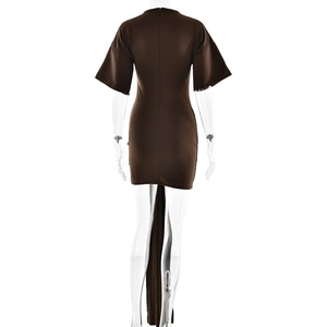 Detailed back view of brown mini dress featuring a back zipper and long fabric ribbon detail